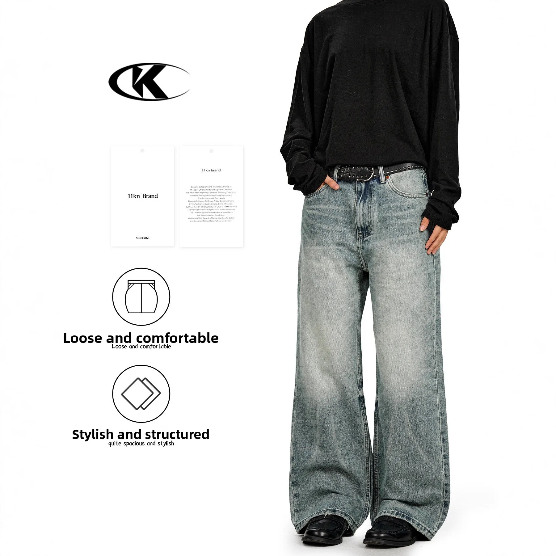 

American Sle Light Blue Jeans Men's Women's Cleanfit Loose Wide Leg Casual Slimming Long Trousers High Waist Zipper Ope...