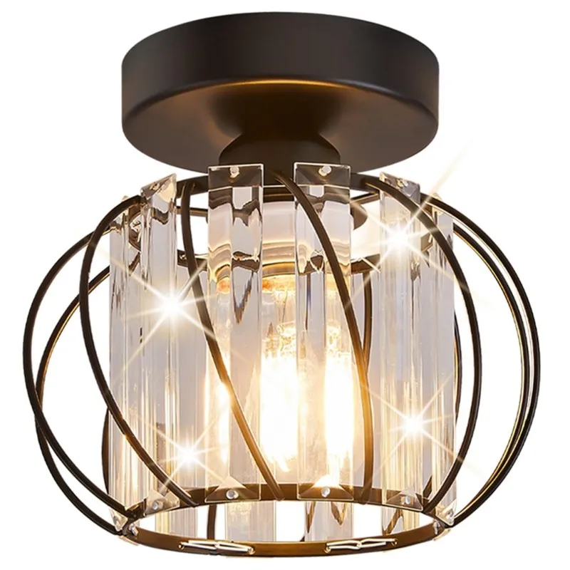 Crystal Chandelier For Corridor Ceiling Light, Metal Cage Design, Semi-Flush Mount, Lamps For Bathroom Kitchen