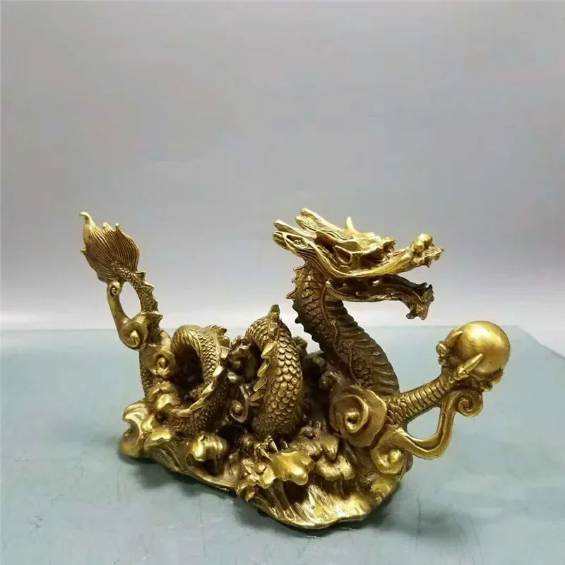 China Bronze Feng shui 12 Zodiac Year Dragon Chinese God Loong Beast Ball Statue