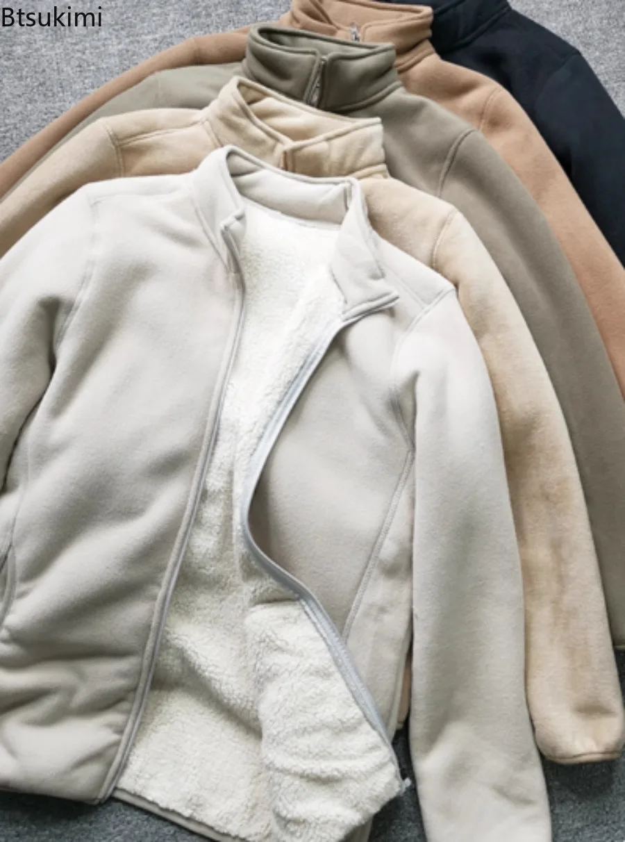 Autumn Winter Thick Lamb Fleece Jackets Men's Polar Fleece Stand Up Collar Warm Jacketcoat Fashion Solid Casual Winter Jacket