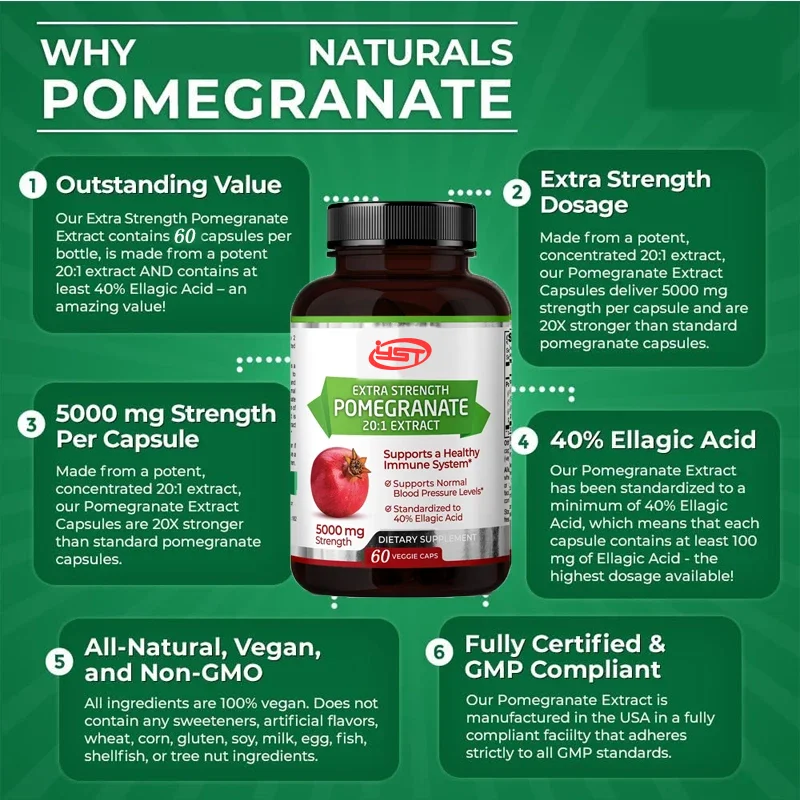 Pomegranate 20:1 extract,5000 MG strength, 40% folic acid, 60 vegetarian capsules, 1 month supply, concentrated 20 times extract