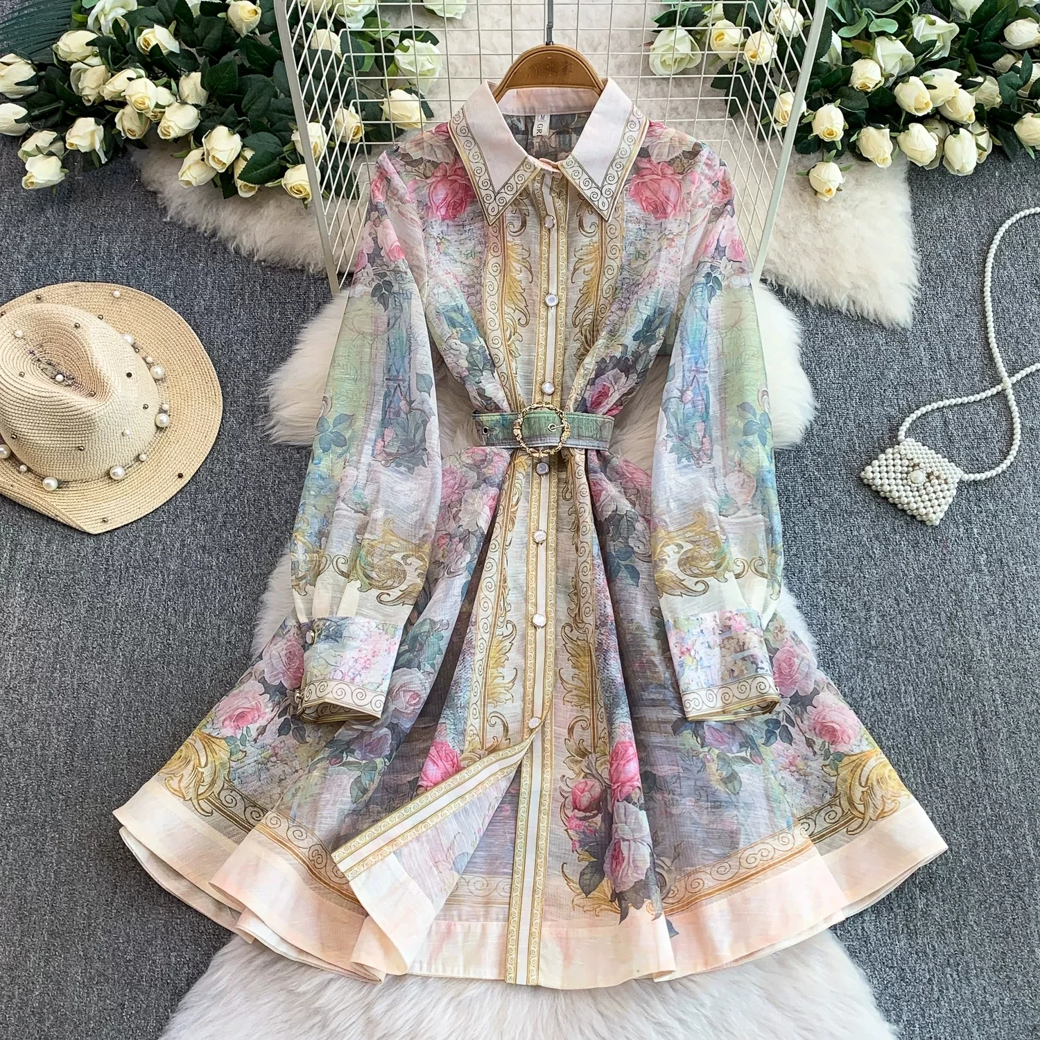 Vintage Baroque Floral Print Shirt Dress for Women's Lapel Elegant Long Sleeve Button Front Vintage A-Line Work Dress with Belt view 3