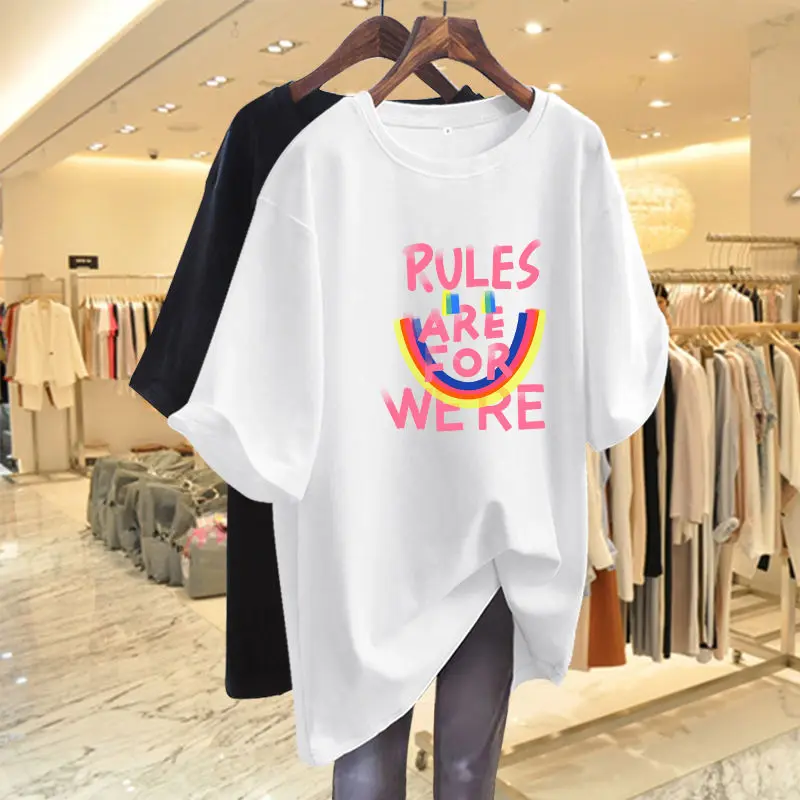 

Women Clothing Basics Letter Chic Printed T-shirt Summer O-neck Short Sleeve Pure Cotton Loose Casual Tops Lady Pullover