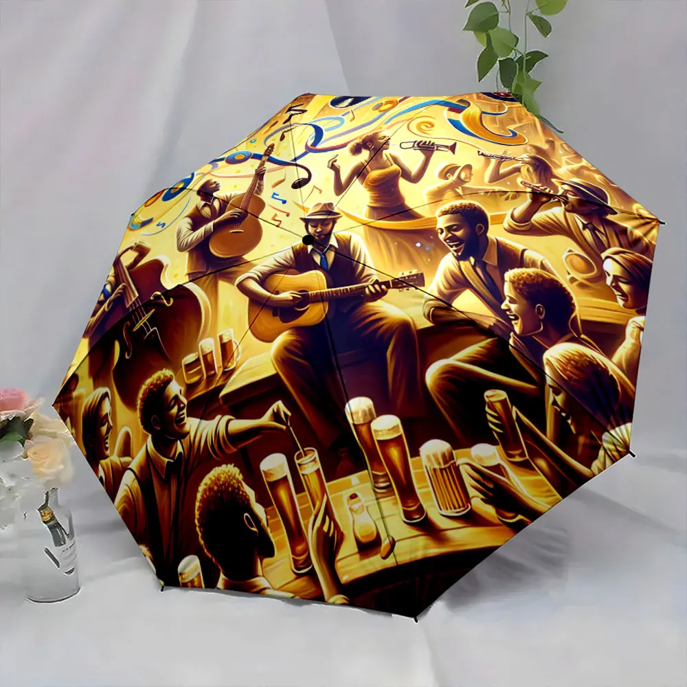 Musical Jazz Bar Scene Vibrant Art Style Umbrella Design portable waterproof sun rain umbrella for outdoor travel beach