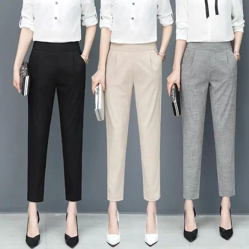 여성 하렘 팬츠 하이웨이스트 슬리밍 2025 봄 가을 신상 9부 코튼 린넨 스트레이트 테이퍼드 팬츠
