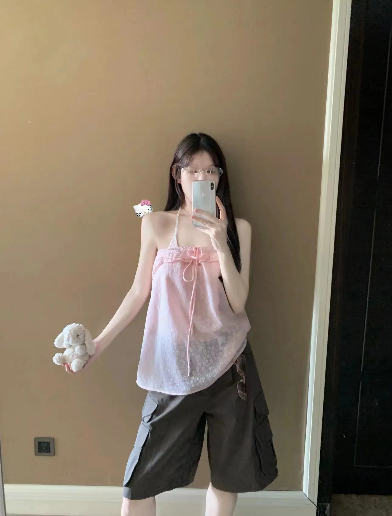 

Kumikumi Pure Desire Pink Loose Ruffle Trim Tie Top Women's Spring Layering Neck Hanging Vest Two-Piece Set High Waist Shorts