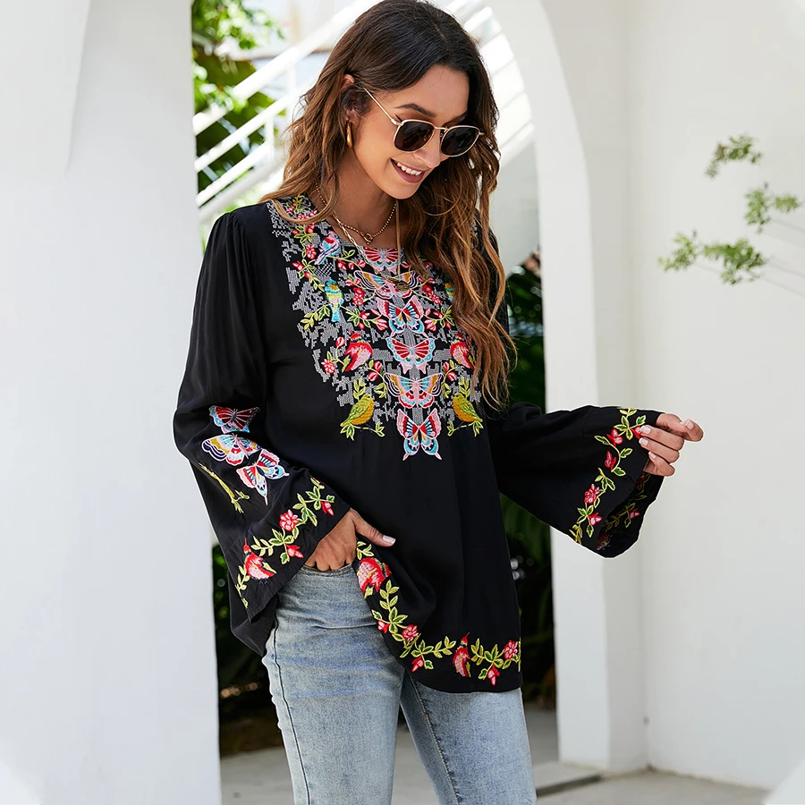 KHALEE YOSE Boho Embroidery Blouses Shirt Spring Autumn Women Mexican Shirt Vintage Long Sleeve 23xl Black Casual Ethnic Top