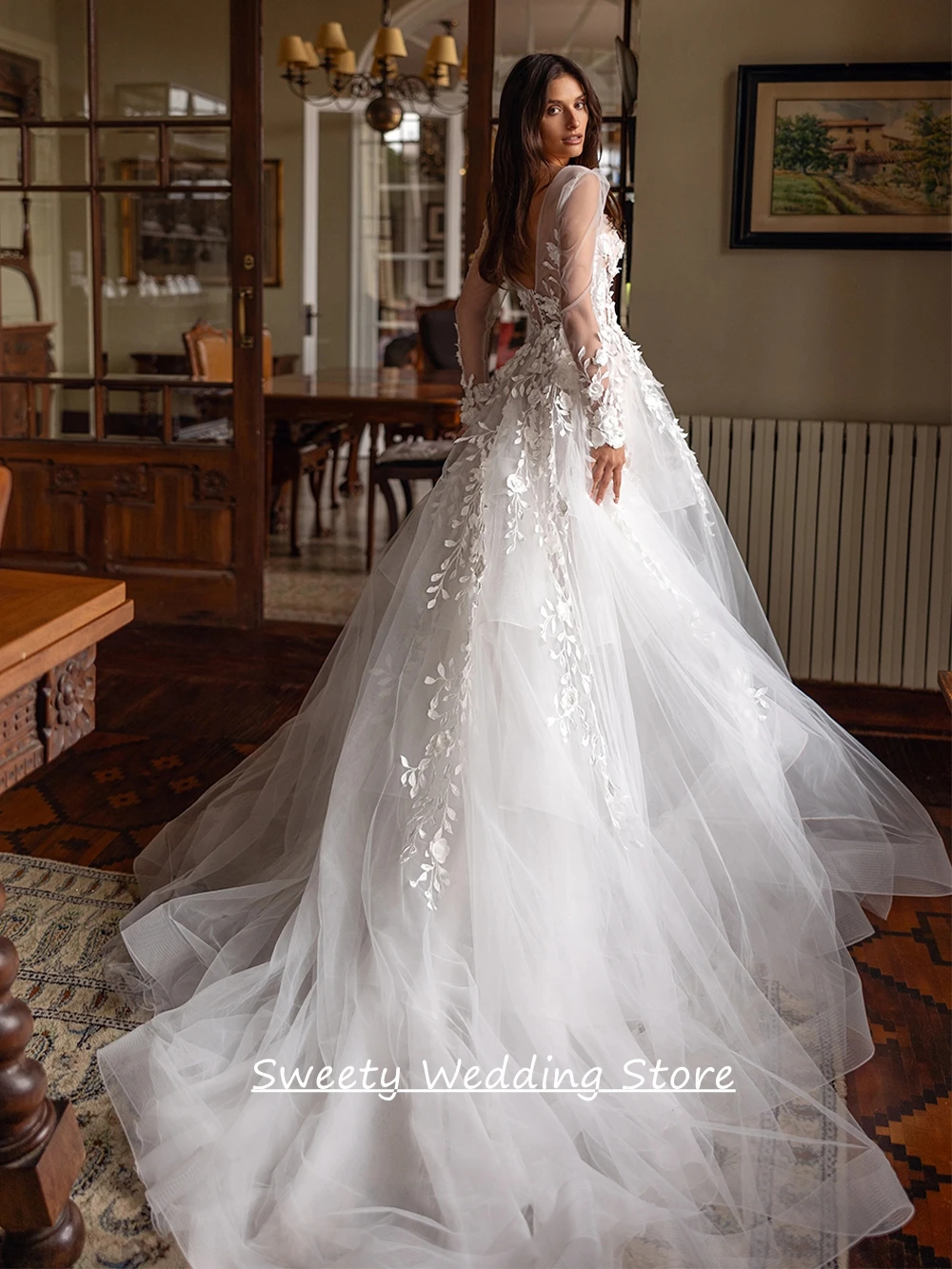 Sexy Illusion Wedding Dress Customized Long Sleeves V Neck Flowers Applique Sweep Train Tulle Bridal Gown for Lady