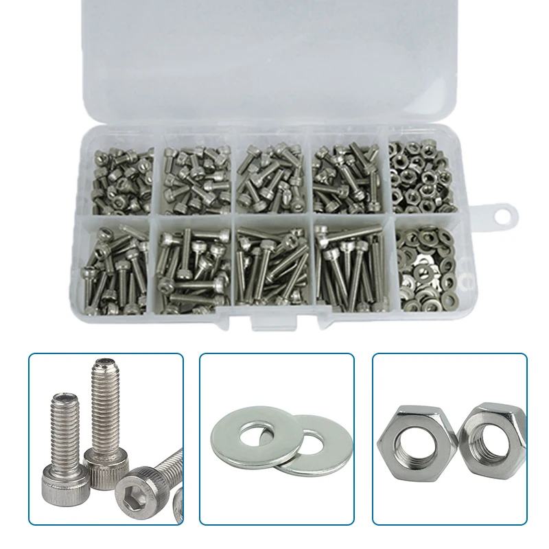 304 Screws Set 360pcs Stainless Steel Hexagon Socket Screws Set Button Head Cap Screws Hex Assortment Screw Kit Bolts and Nut