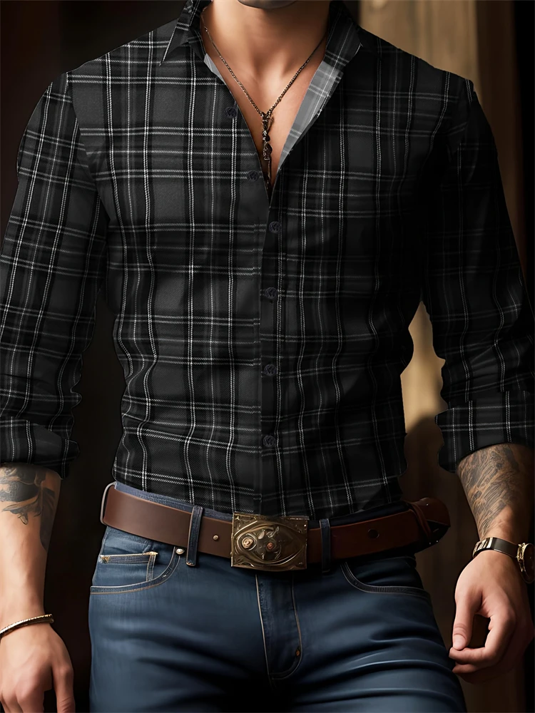 3D Plaid Stripe Print Men's Long Sleeve Shirts Fashion Lapel Single Breasted Tops Autumn Daily Business Basic Shirts Casual Tees