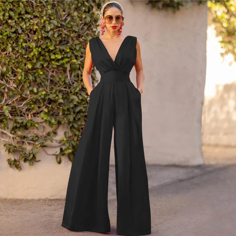 

2025 New Chic Elegant Casual Jumpsuits Women's Deep V Neck Sleeveless Backless High Waist Wide Leg Jumpsuit Commuting Streetwear