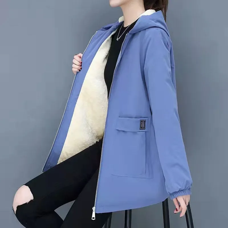 Plus Size Women's Autumn Winter Cotton Trench Coat Medium Length Fleece Lined Thickened Outerwear For Plus Size Females