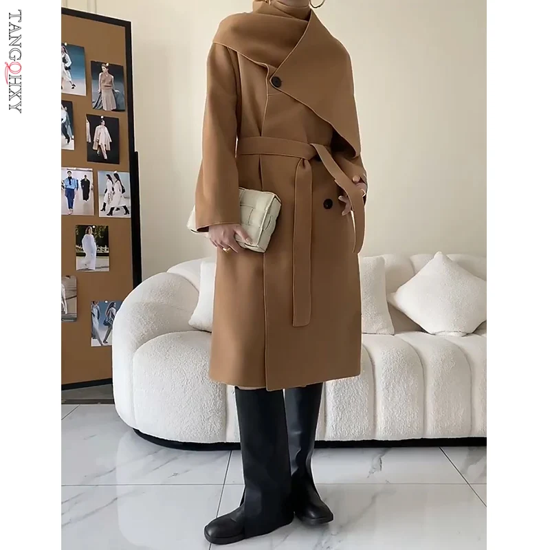 

Multi-wearing Scarf Collar Wool Blends Coat For Women Double Breasted Loose Women Winter Luxury Woolen Coat manteau femme hiver