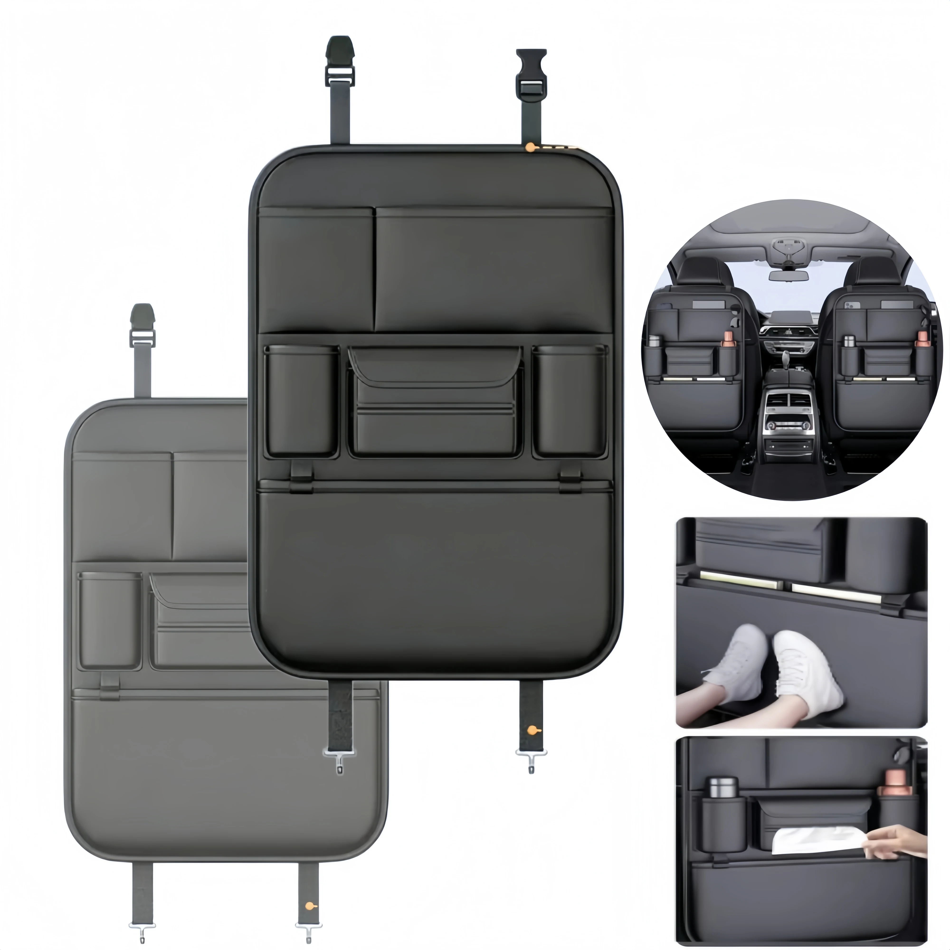 Bolsa de Almacenamiento para el Respaldo del Asiento del Coche, Multibolsillos, de Cuero, Impermeable, Protector Antipatadas, Portavasos, Organizador Resistente al Desgaste para SUV/Auto