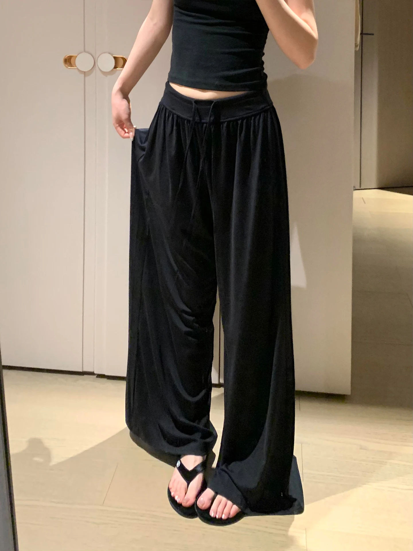 Black Ice Silk Wide Leg Pants Women's Summer Thin High Waist Covering Hip Slimming Loose Cool Casual Trousers