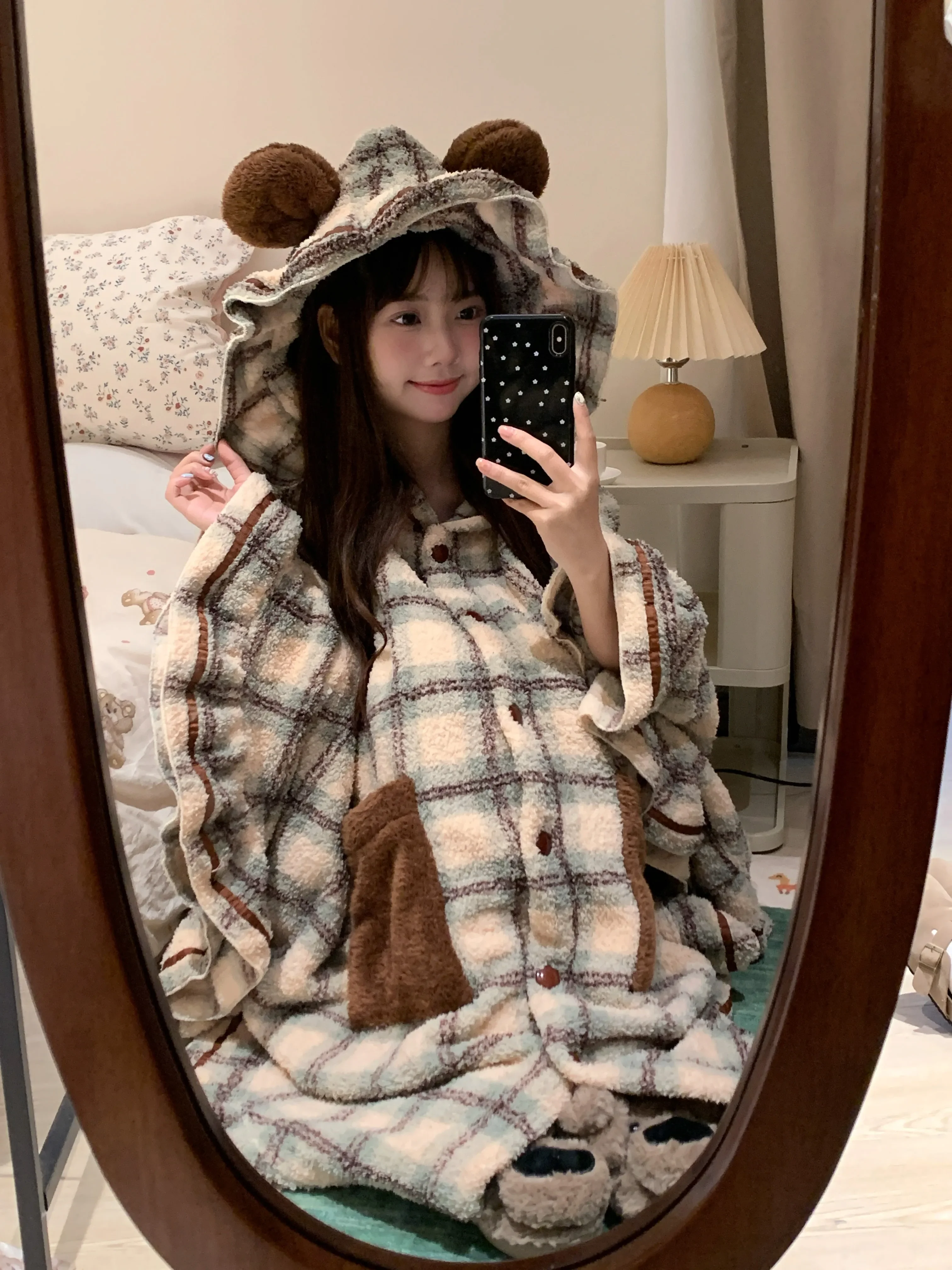 Cute Coral Fleece Cape Night Robes Winter Thick Warm Hooded Ruffle monopetto Plaid camicia da notte ragazze Loungewear