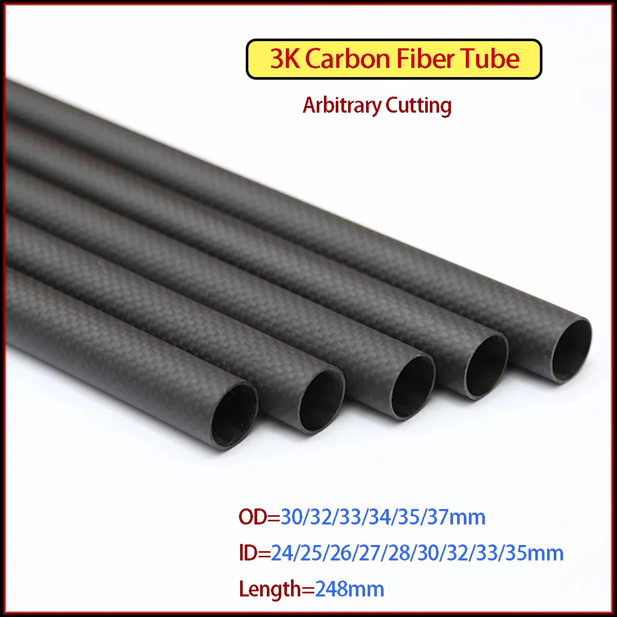 

2 Pcs 3K Carbon Fiber Tube Length= 248mm lD=24/25/26/27/28/30/32/33/35mm For RC Model Aircraft Drone Accessories OD=30-37mm
