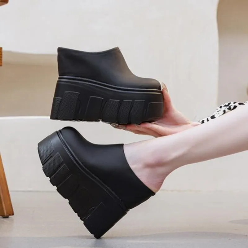 

14CM 2026 Ladies Spring Summer Shoes Slip on Genuine Leather Black Women Wedge Slippers Platform Wedge Sandals Slides For Women