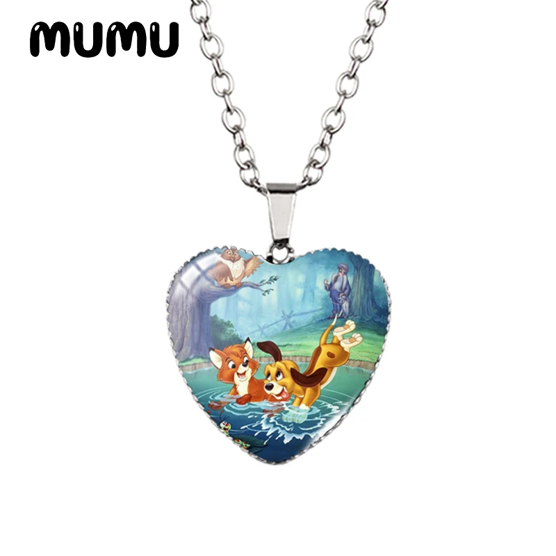 2024 New The Fox and the Hound Heart Necklace Art Glass Printed Photo Pendant Handmade Jewelry Gifts Children