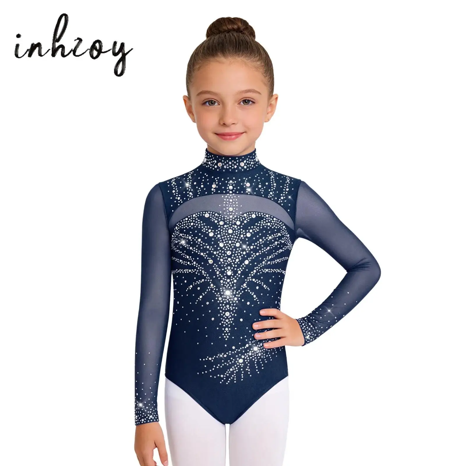 

Long Sleeve Patchwork Girls Artistic Gymnastics Leotard Mesh Patchwork Tight Bodysuit Rhinestone Figure Skating Jersey Jumpsuit