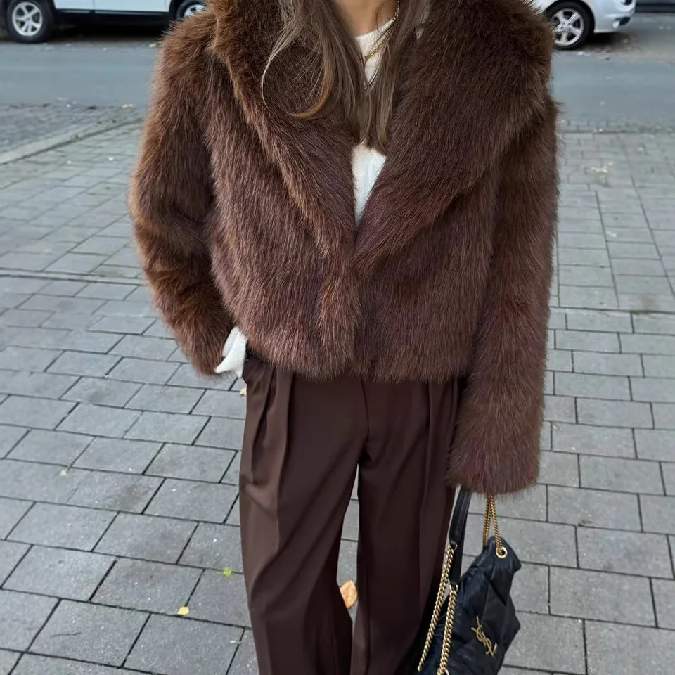 KIDCRKJ الشتاء النساء معطف الفرو فويا طوق فروي قطرة الكتف الإناث الفراء الاصطناعي سترة قصيرة الدافئة رقيق سيدة معطف الفرو البيئي #4