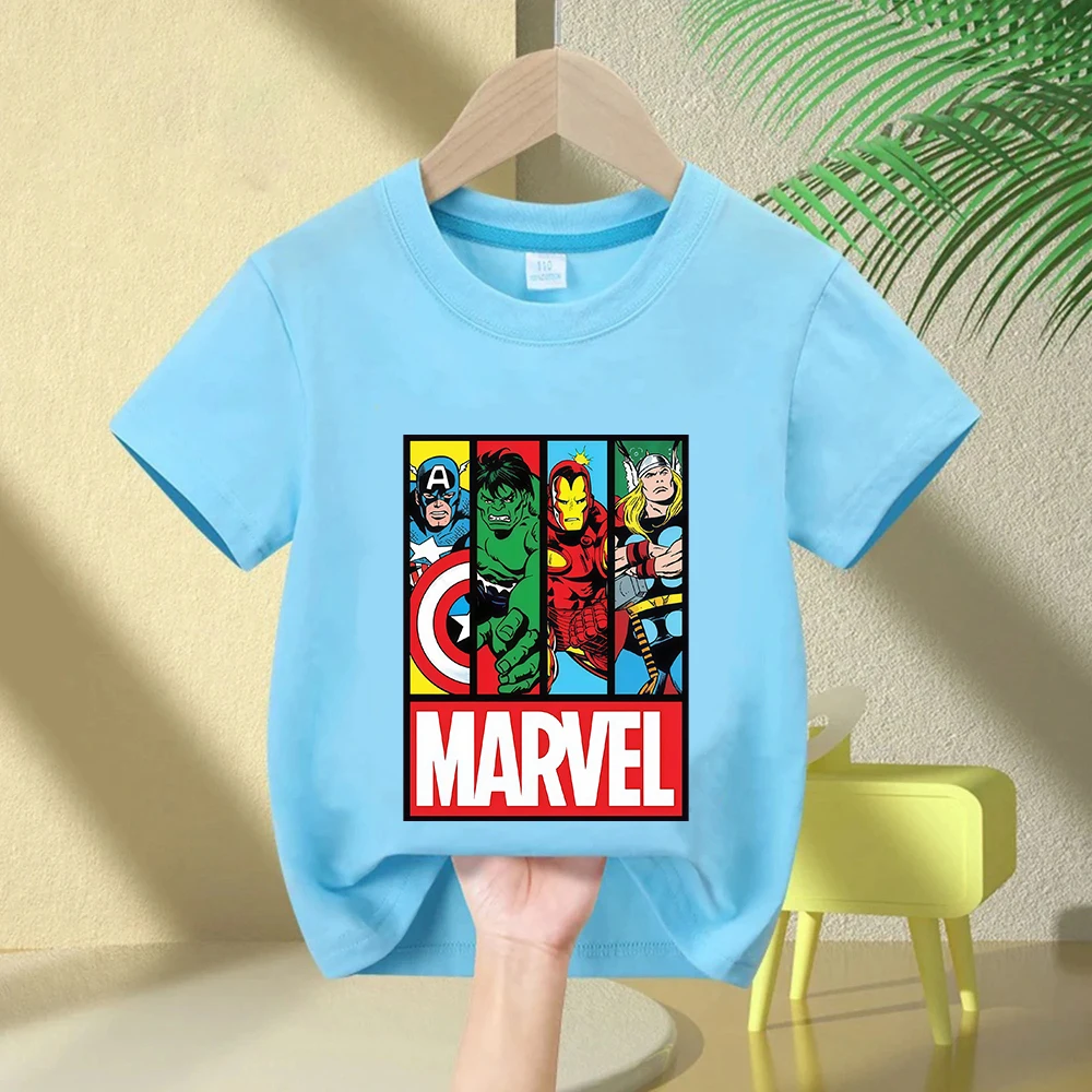 تي شيرت Marvel's The Avengers مطبوع عليه رسوم كارتونية للأولاد تي شيرت أنيق برقبة دائرية وأكمام قصيرة ملابس أطفال علوية للأطفال