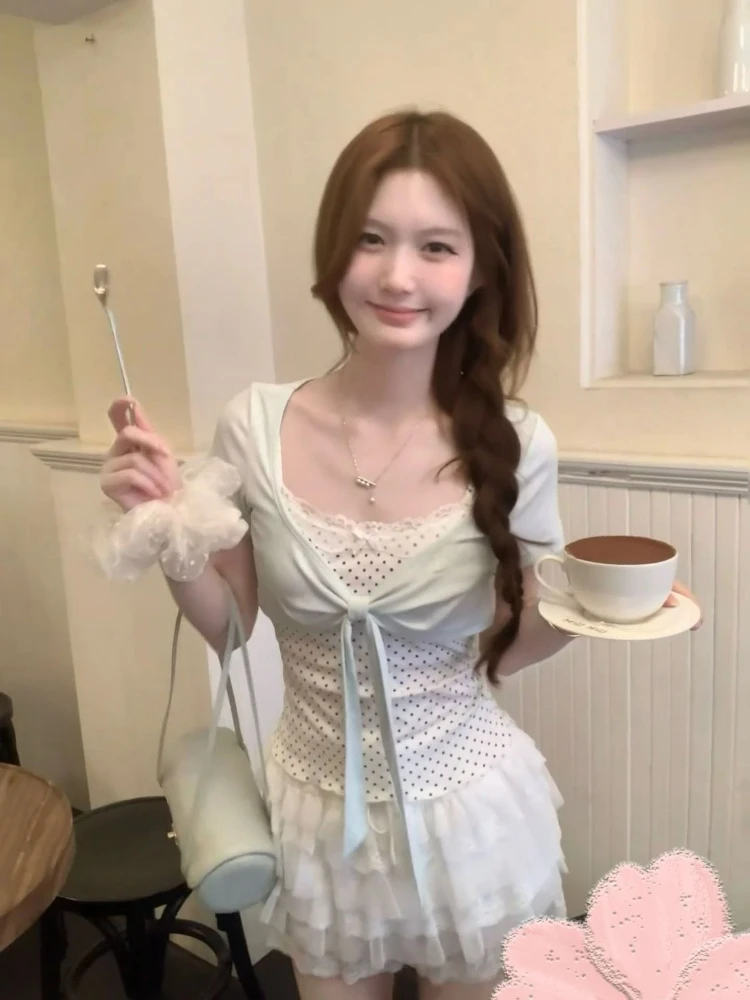 Sweet Spicy Pure Desire Style Top Women Summer Cute Butterfly Bow Mint Green Faux Two-piece Set Outerwear Casual Slim Clothes