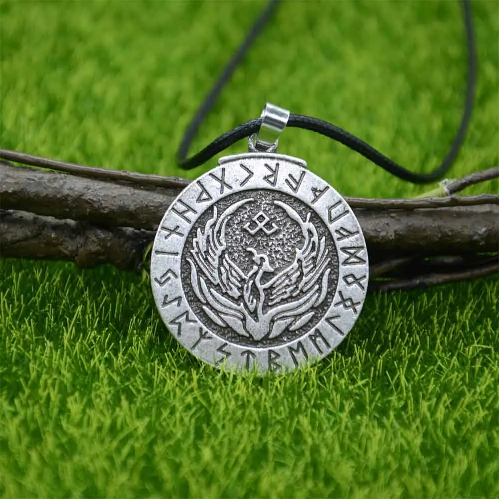 Nostalgia Phoenix Fire Bird Pendant Viking Runes Jewelry Woman Men Necklace Vintage
