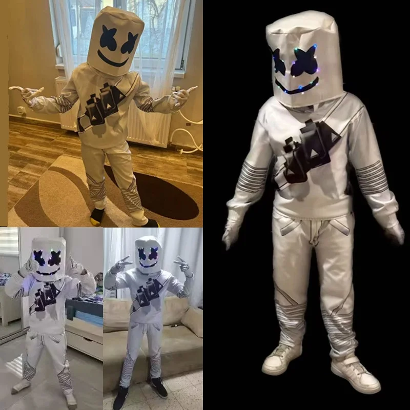 Хэллоуин светодиодный зефир DJ косплей детский костюм толстовки с длинными рукавами + брюки + маска + перчатки комплект детский музыкальный подарок для рождественской вечеринки для мальчиков