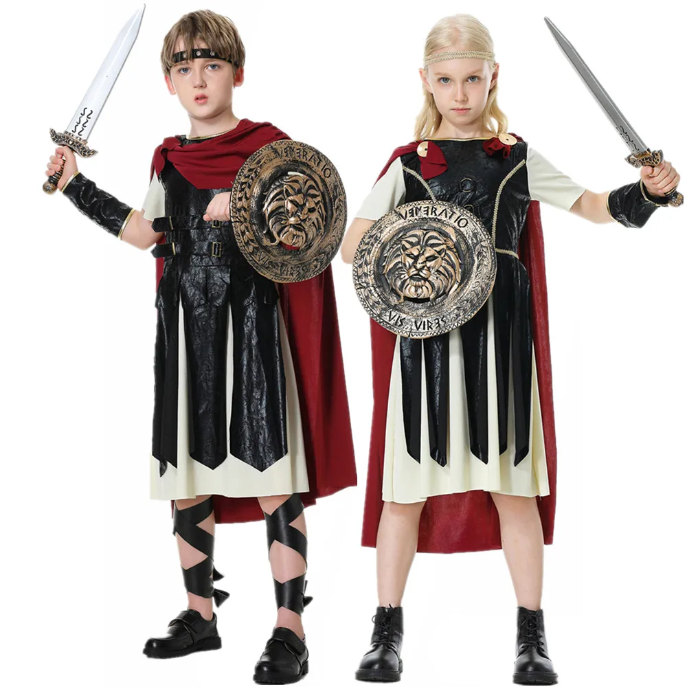 

Halloween Kids Royal Warrior Knight Cosplay Costumes Girl Boy Role Play Roman Spartan Warrior Clothes Carnival Party Fancy Dress