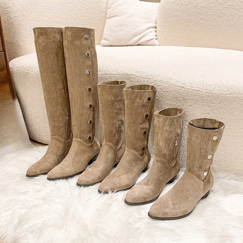 

Женские винтажные замшевые высокие сапоги, осенние новые нескользящие износостойкие туфли на мягкой подошве с заклепками