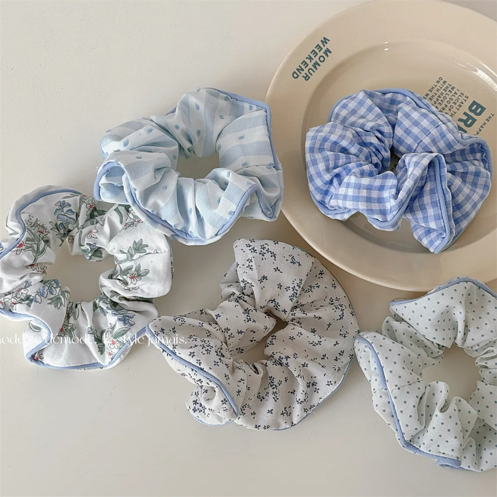 Fresh Plaid Grid Scrunchies White Blue Color Hair Tie Ponytail Holder Elastic Hair Band Rubber Bands Women Hair Accessories