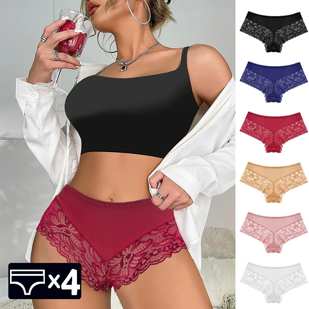 Warme Schritte 4 teile/satz Frauen Höschen süße Spitze sexy Unterwäsche weibliche Hosen Perspektive Spitze Dessous intimates Slips ausgehöhlt