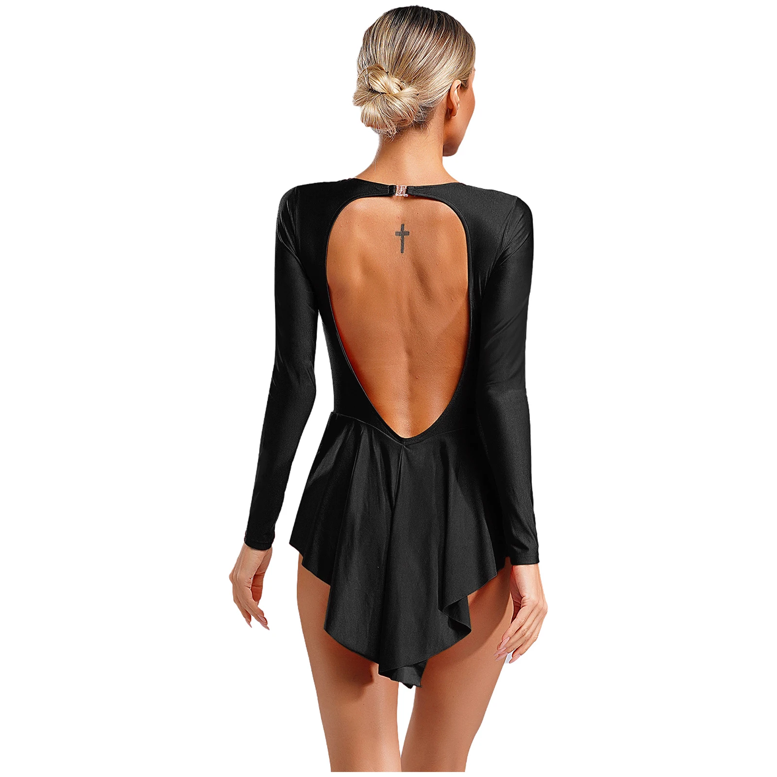 Fringe Latin Dance Leotard for Womens Glittery Rhinestones Deep V-Neck Long Sleeve Bodysuit Jazz Dancewear Performance Costume