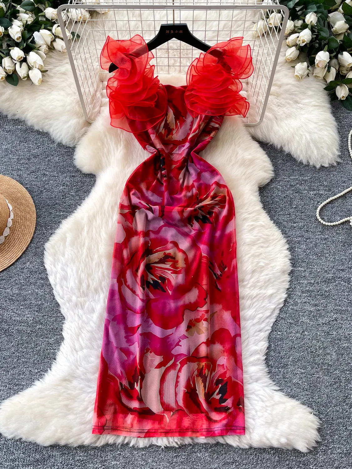 French Resort Style Printed 3D Ribbon Flower Dress Women Summer Sleeveless Ruffle Elegant Eye Catching Slim Fit Long Woman Dress