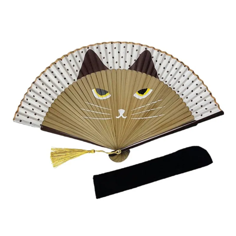 Fashionable Cartoon Cat Cloth Fans Japan Style Performances Hand Held Fans Popular Lovely Folding Bamboo Fan Wedding Party Gift