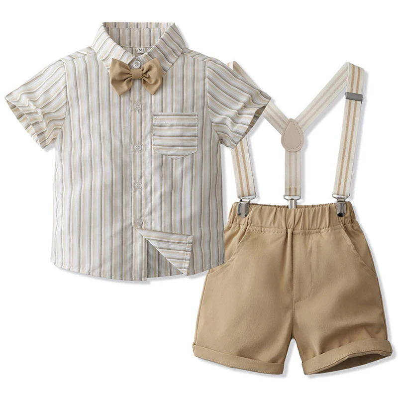 

4Piece Set Baby Summer Clothes Casual Fashion Stripe Short Sleeve Gentleman Tie T-shirt+Shorts+Stripe Toddler Boy Outfit BC481