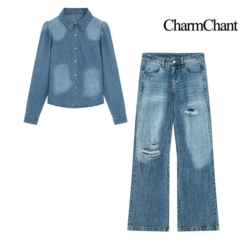 CHARMCHANT Women Double Denim Set Long Sleeve Puff Shoulder Jeans Shirt + Ripped Wide Leg Jeans Two Piece Outfit