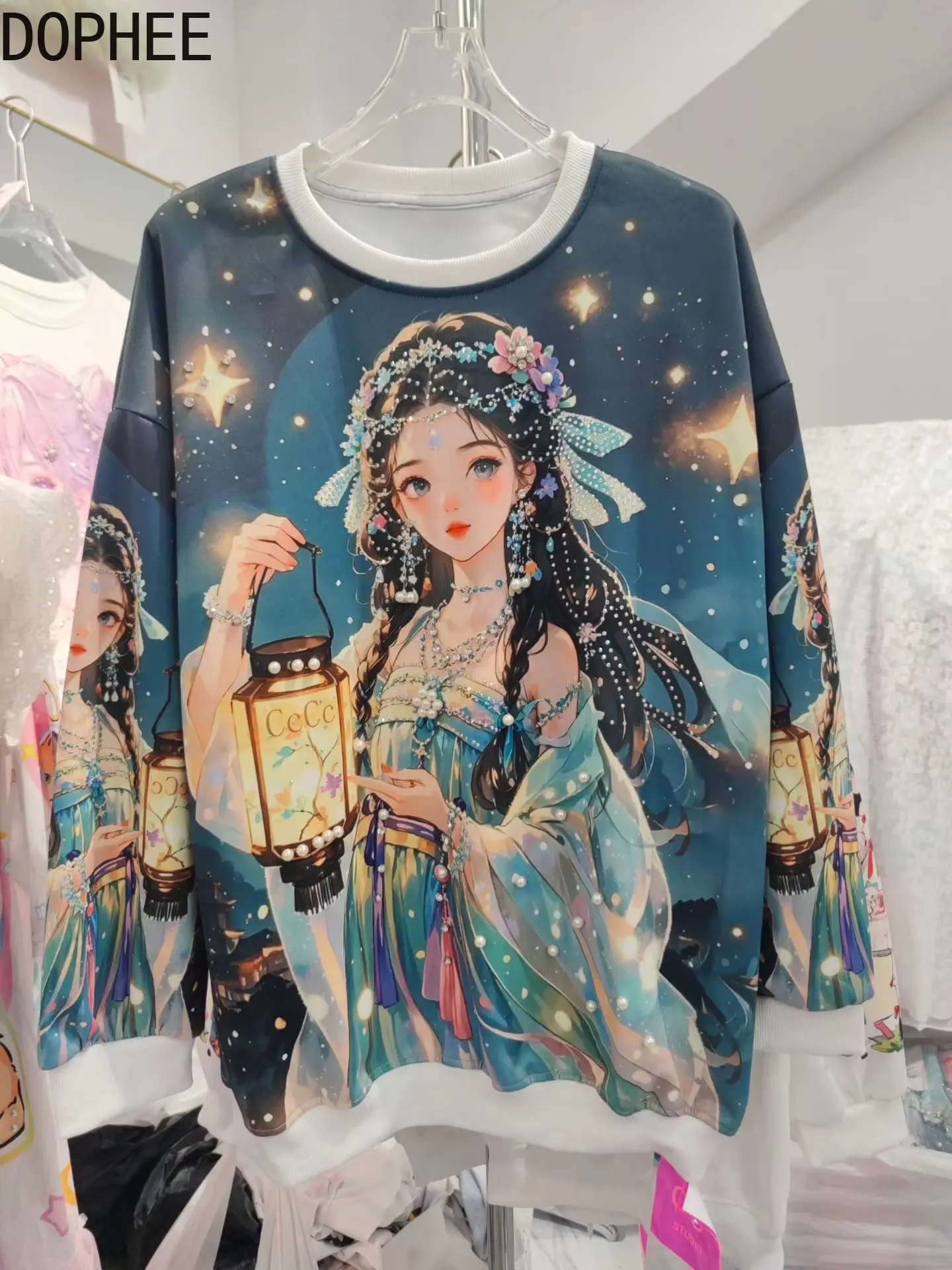 

Женская толстовка большого размера, новинка 2025, весна-осень, милая толстовка принцессы с мультяшным принтом, топ, пуловер для студентов с горячими бусинами