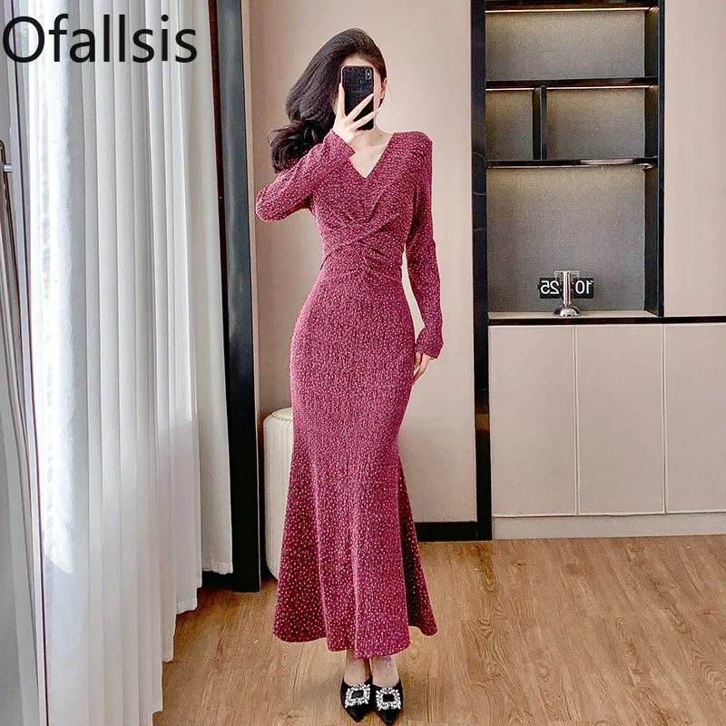 Ofallsis High End Square Neck Long Sleeved Fishtail Dress 2024 Spring New Fashion Stylish Sexy Waist Cinching Slimming Dresses