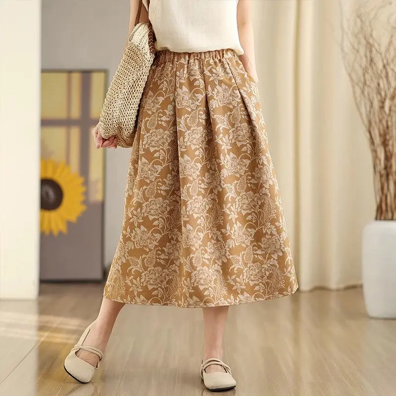 

Роскошная женская жаккардовая юбка большого размера с эластичной талией, трапециевидной формы, длина миди, юбка в стиле бохо, весна-лето 2025 G321