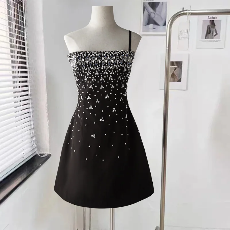 2024 High -end dress new heavy worker rhinestone pearl -back dress female summer high -level sense A -line skirt