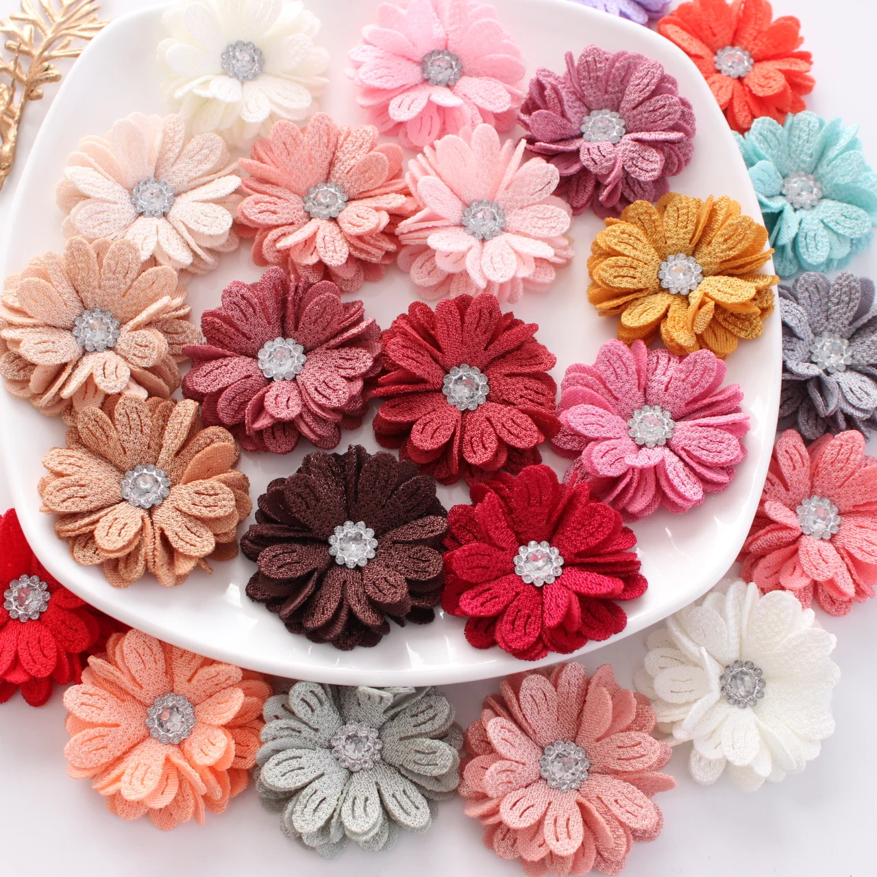 4.5CM Fashion Solid Artificial Fabric Flowers With Acrylic Diamond For Hair Accessories Hairband Apparel Accessories