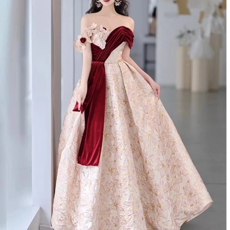 

2024 New High End Slash Neck Wedding Party Dresses Fashion Flower Appliques Slim A-line Gown Exquisite Spliced Color Dress