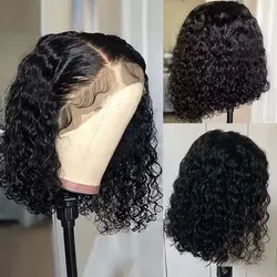 Peruca curta Glueless Bob, Onda de Água Profunda, Onda de Água Frontal, Kinky Curly Bob, Transparente Lace Front