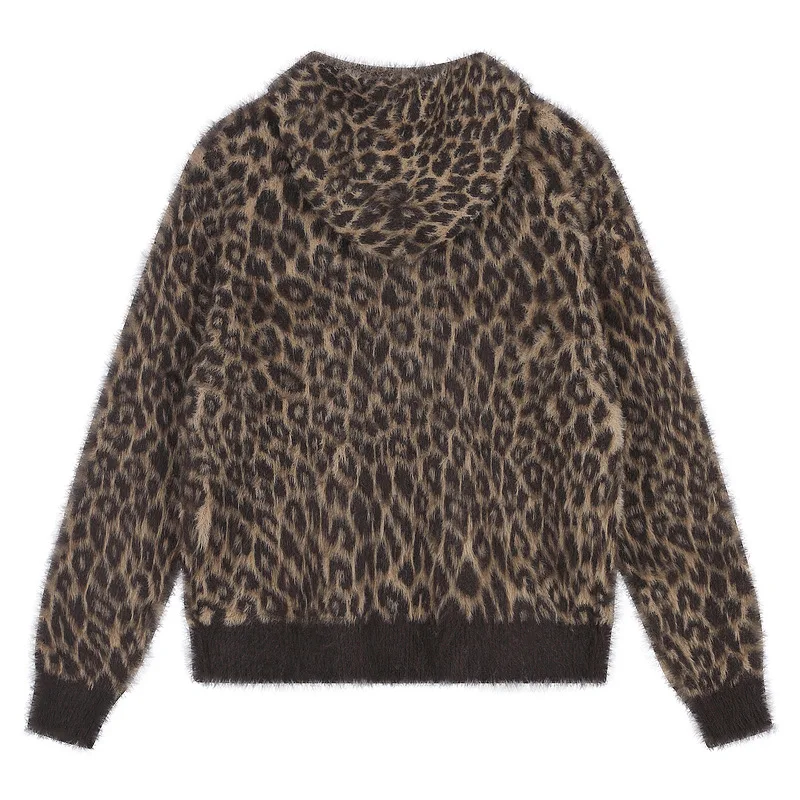 Men's Fashion Leopard Knitted Sweater Hooded Jumpers Drop Shoulder Design Autumn Winter Knitwear Cardigans Outerwear
