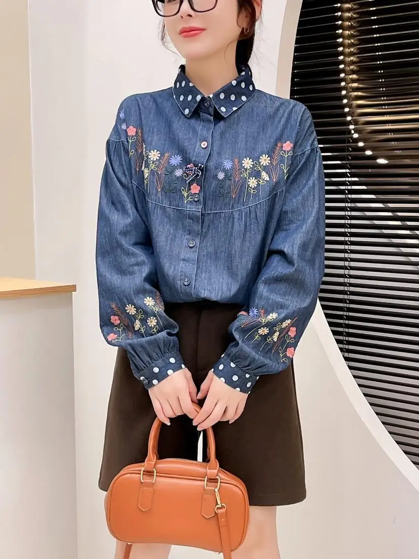 2025 Women Denim Blouses Elegant and Youth Woman Blouses Japan Style Long Sleeve Embroidered Jean Shirts