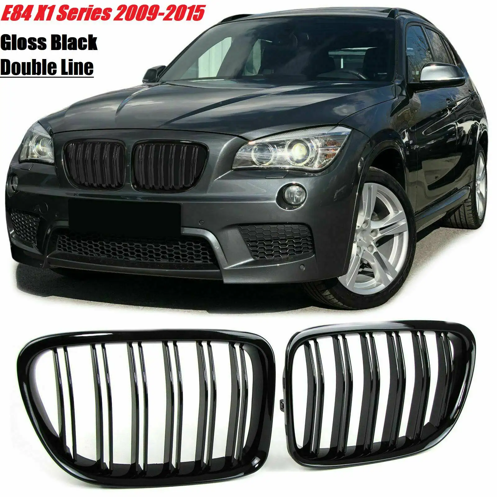 Glossy Black Front Bumper Dual Slat Front Kidney Grill Grille For-BMW X1 Series E84 SDrive XDrive 2009-2015