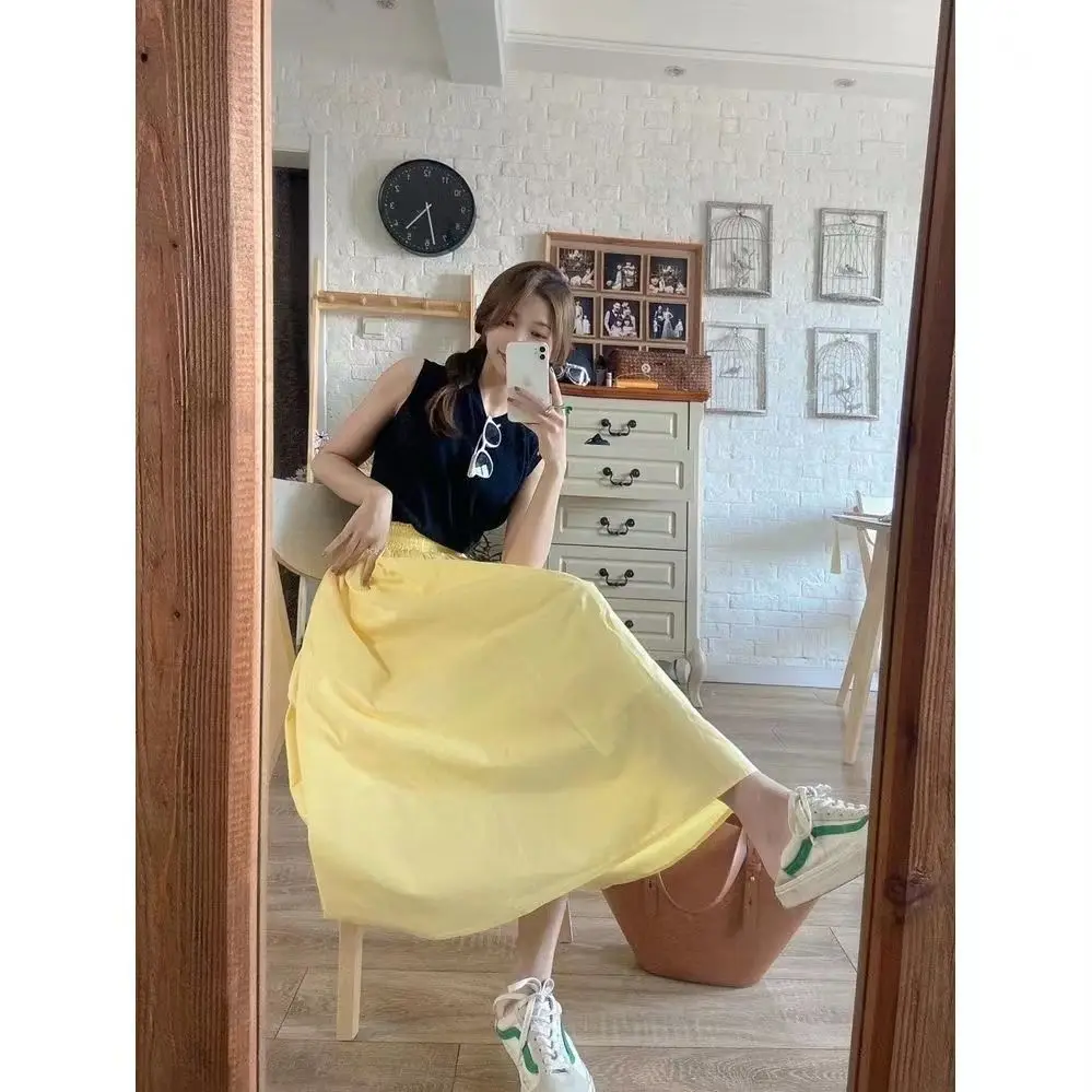 Yellow A-Line Skirt Women's Spring Summer New Style Slimming Drapey Elastic Waist Design Sensation Small Audience Hepburn Sty...