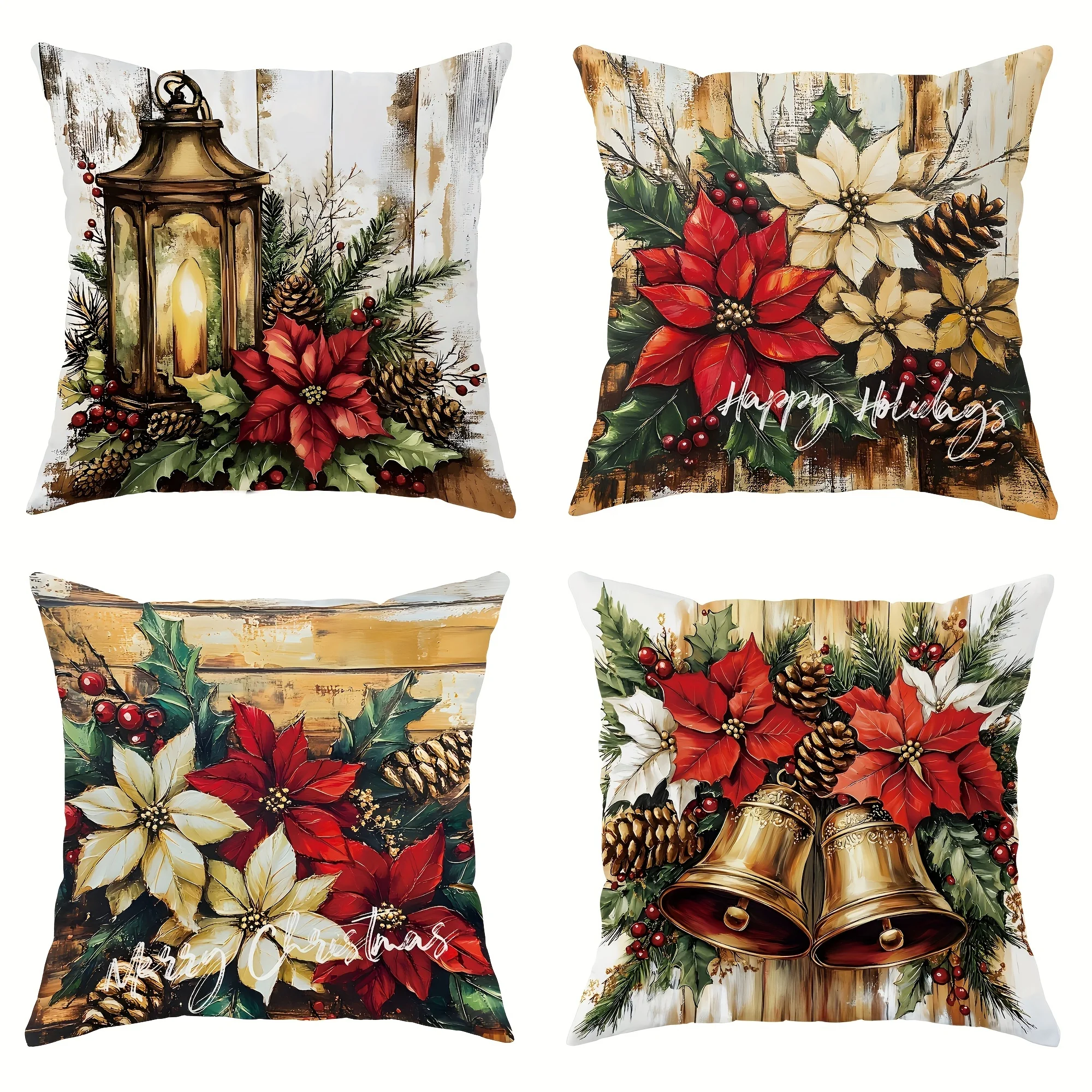 Set of 4 Christmas Pillowcases 18X18 Inches, Christmas Flowers And Holly Bells Design, Farmhouse Style, Modern Decorative